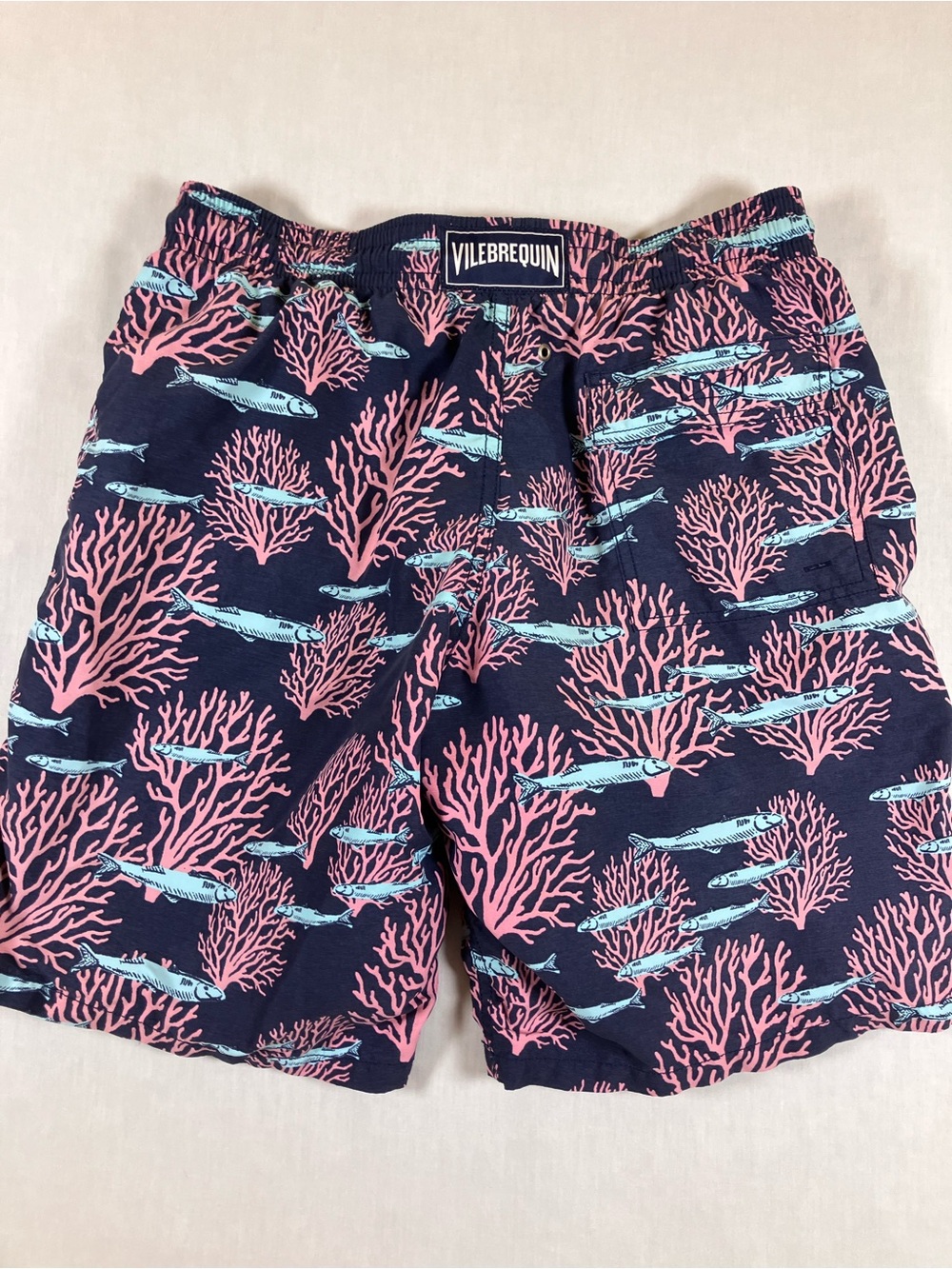 Vilebrequin Navy Swim Trunks with Pink Coral & Light Blue Fish